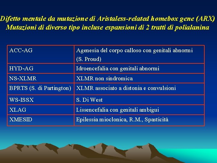 Difetto mentale da mutazione di Aristaless-related homebox gene (ARX) Mutazioni di diverso tipo incluse Difetto mentale da mutazione di Aristaless-related homebox gene (ARX) Mutazioni di diverso tipo incluse