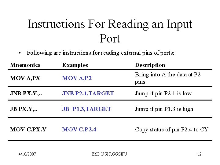 Instructions For Reading an Input Port • Following are instructions for reading external pins