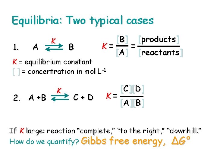 Equilibria: Two typical cases 1. A K B K= K = equilibrium constant [ Equilibria: Two typical cases 1. A K B K= K = equilibrium constant [