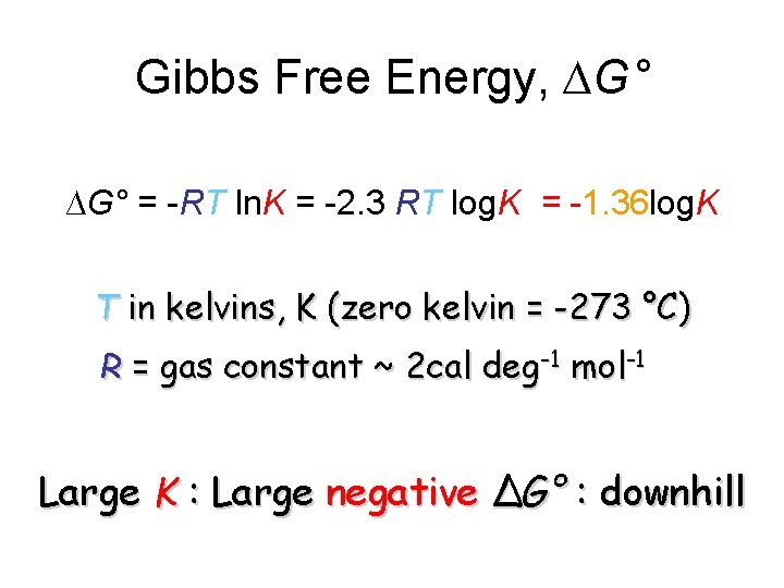 Gibbs Free Energy, ∆G° = -RT ln. K = -2. 3 RT log. K Gibbs Free Energy, ∆G° = -RT ln. K = -2. 3 RT log. K
