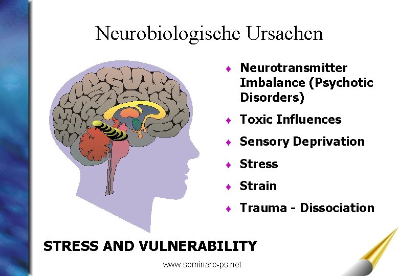 Neurobiologische Ursachen ¨ Neurotransmitter Imbalance (Psychotic Disorders) ¨ Toxic Influences ¨ Sensory Deprivation ¨