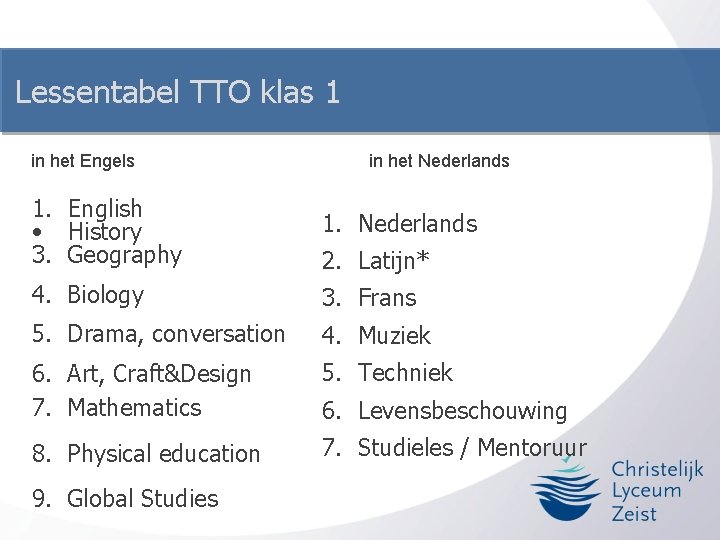 Lessentabel TTO klas 1 in het Engels in het Nederlands 1. English • History