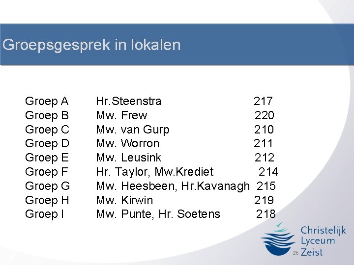 Groepsgesprek in lokalen Groep A Groep B Groep C Groep D Groep E Groep Groepsgesprek in lokalen Groep A Groep B Groep C Groep D Groep E Groep