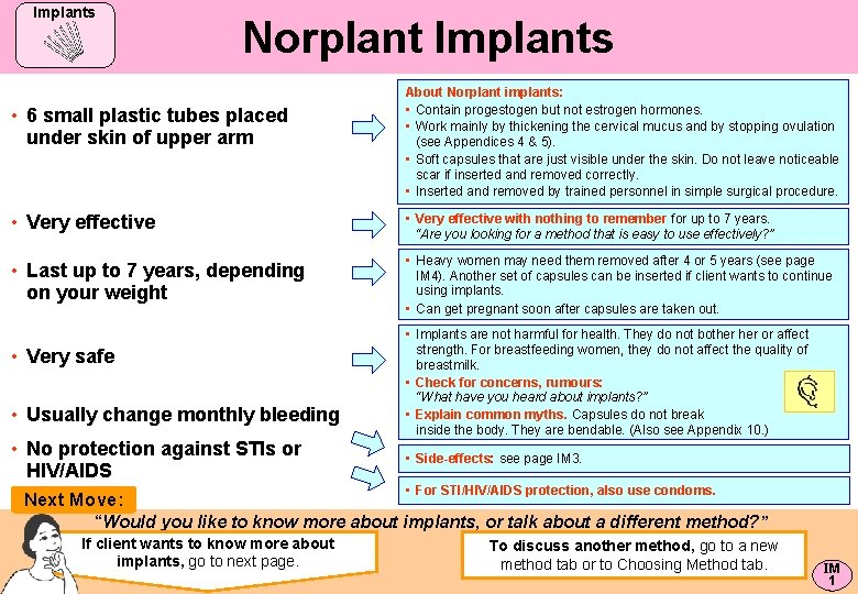 Implants Norplant Implants • 6 small plastic tubes placed under skin of upper arm