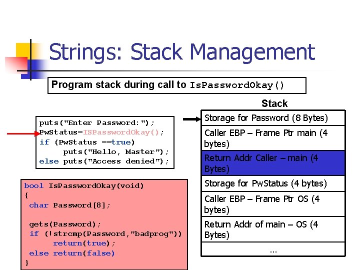 Strings: Stack Management Program stack during call to Is. Password. Okay() Stack puts("Enter Password: