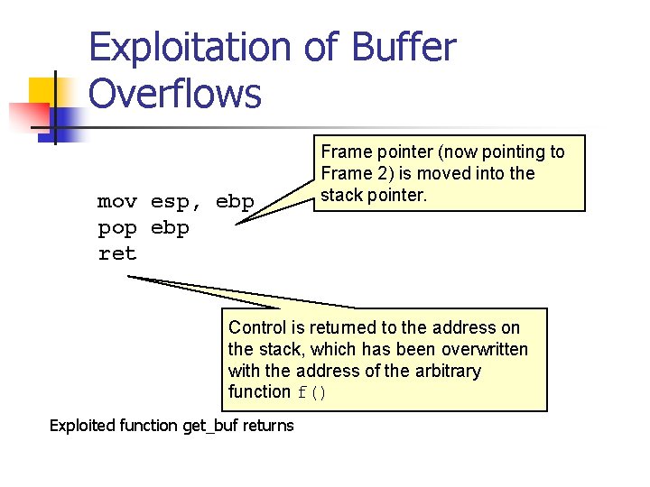 Exploitation of Buffer Overflows mov esp, ebp pop ebp ret Frame pointer (now pointing