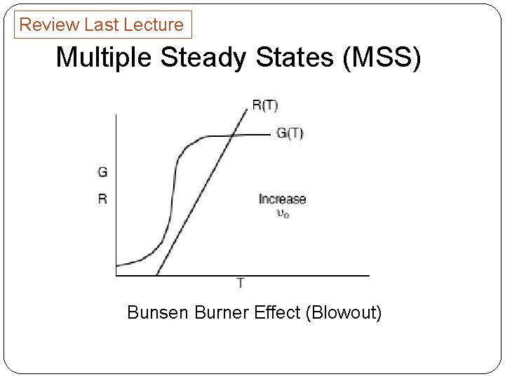 Review Last Lecture Multiple Steady States (MSS) Bunsen Burner Effect (Blowout) 