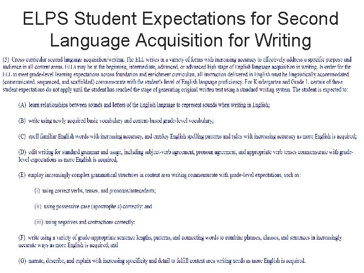 ELPS Student Expectations for Second Language Acquisition for Writing TEA Student Assessment Division 14