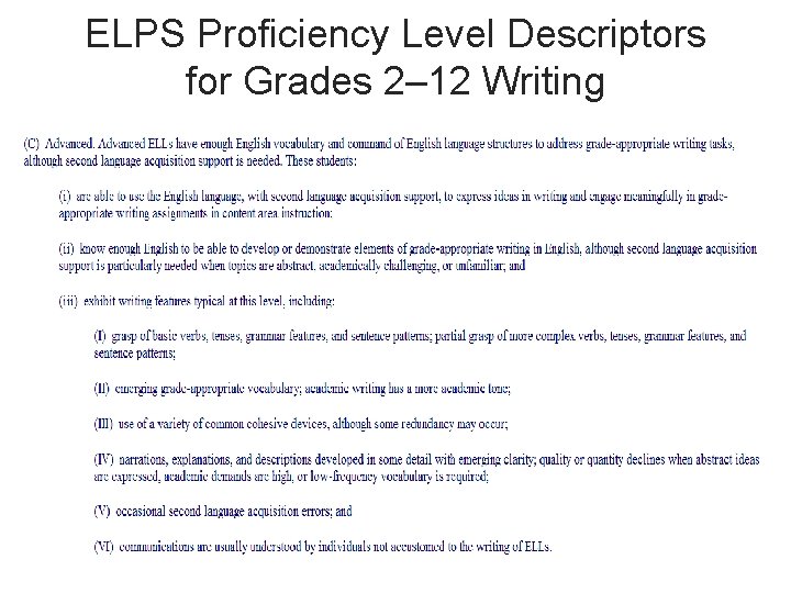 ELPS Proficiency Level Descriptors for Grades 2– 12 Writing 