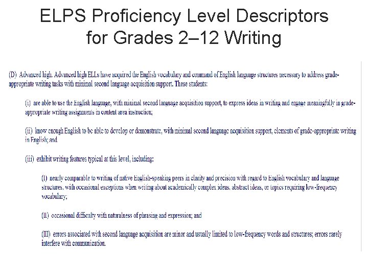ELPS Proficiency Level Descriptors for Grades 2– 12 Writing 