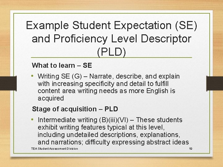 Example Student Expectation (SE) and Proficiency Level Descriptor (PLD) What to learn – SE