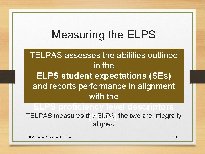 Measuring the ELPS TELPAS assesses the abilities outlined in the ELPS student expectations (SEs)