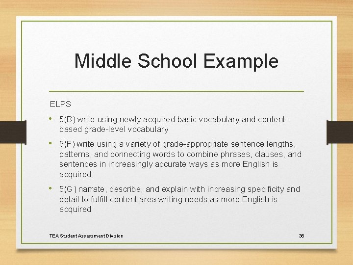 Middle School Example ELPS • 5(B) write using newly acquired basic vocabulary and contentbased