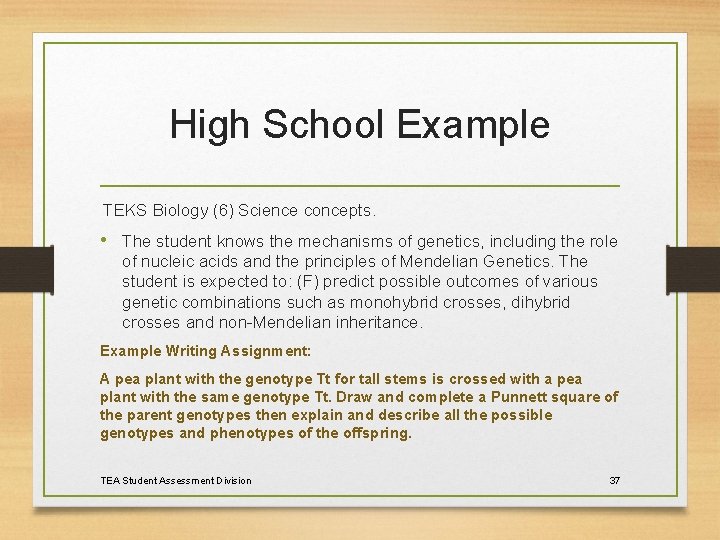High School Example TEKS Biology (6) Science concepts. • The student knows the mechanisms