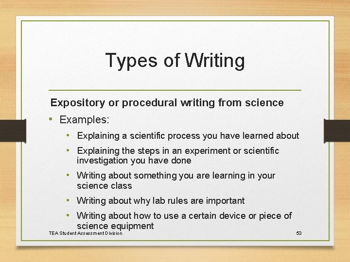 Types of Writing Expository or procedural writing from science • Examples: • Explaining a