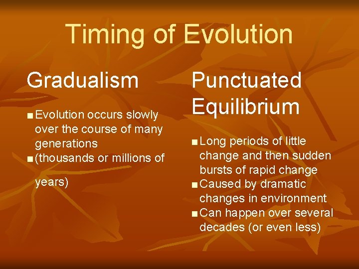 Timing of Evolution Gradualism ■ Evolution occurs slowly over the course of many generations