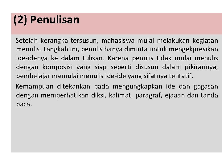 (2) Penulisan Setelah kerangka tersusun, mahasiswa mulai melakukan kegiatan menulis. Langkah ini, penulis hanya