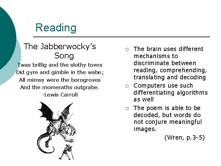 Reading The Jabberwocky’s Song Twas brillig and the slothy toves Did gyre and gimble