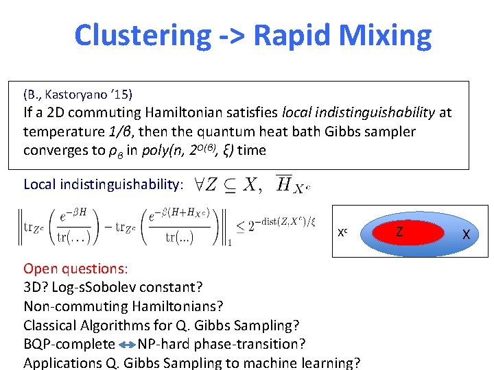 Clustering -> Rapid Mixing (B. , Kastoryano ‘ 15) If a 2 D commuting