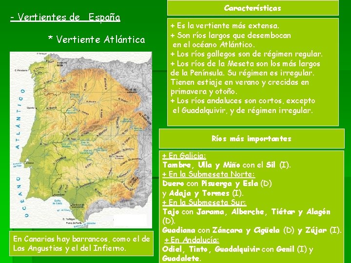 - Vertientes de España * Vertiente Atlántica Características + Es la vertiente más extensa. - Vertientes de España * Vertiente Atlántica Características + Es la vertiente más extensa.