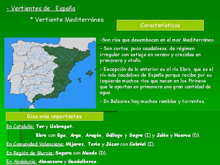 - Vertientes de España * Vertiente Mediterránea Características -Son ríos que desembocan en el - Vertientes de España * Vertiente Mediterránea Características -Son ríos que desembocan en el