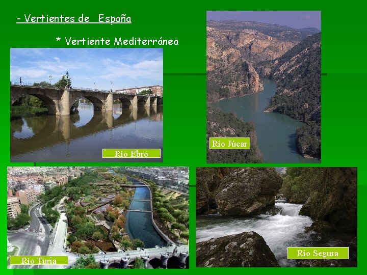 - Vertientes de España * Vertiente Mediterránea Río Ebro Río Turia Río Júcar Río - Vertientes de España * Vertiente Mediterránea Río Ebro Río Turia Río Júcar Río