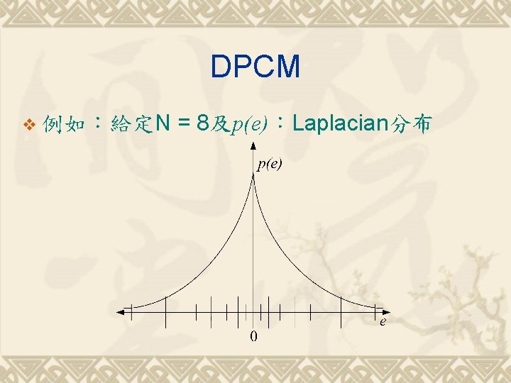 DPCM v 例如：給定N = 8及p(e)：Laplacian分布 