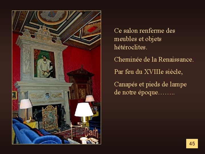 Ce salon renferme des meubles et objets hétéroclites. Cheminée de la Renaissance. Par feu