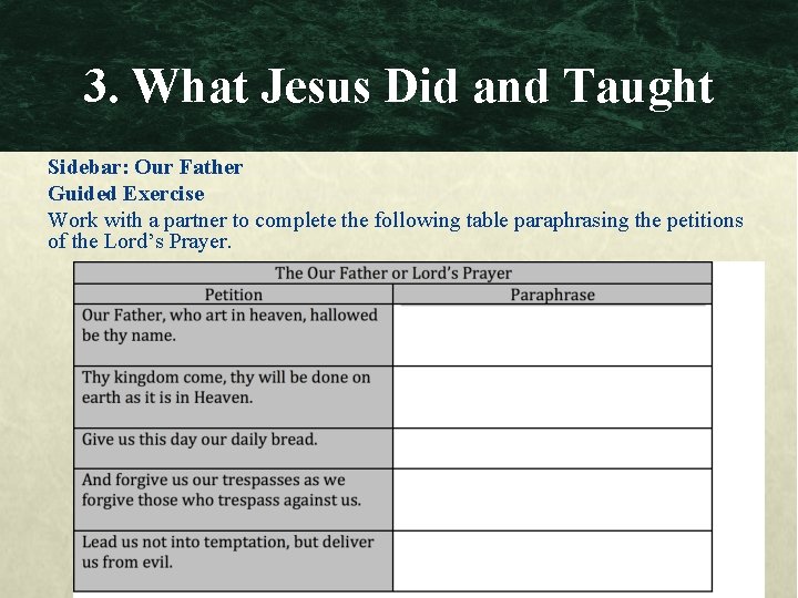 3. What Jesus Did and Taught Sidebar: Our Father Guided Exercise Work with a