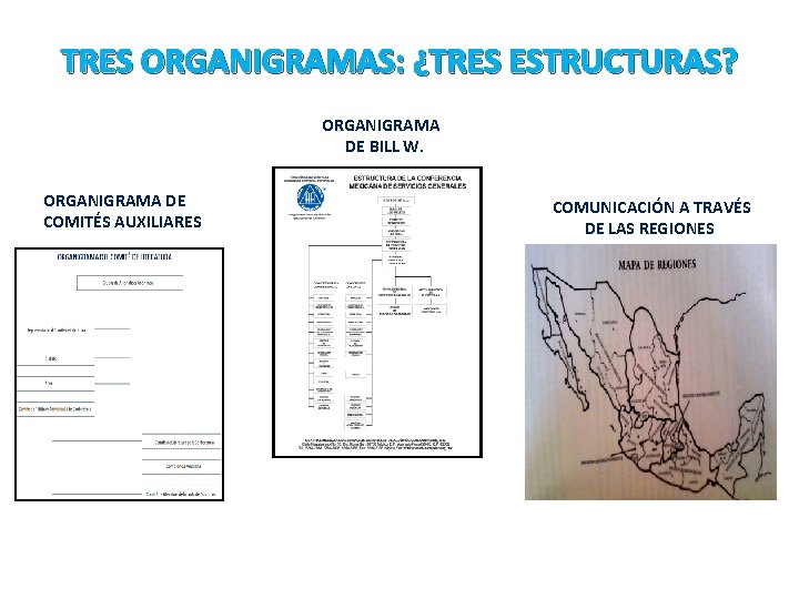 TRES ORGANIGRAMAS: ¿TRES ESTRUCTURAS? ORGANIGRAMA DE BILL W. ORGANIGRAMA DE COMITÉS AUXILIARES COMUNICACIÓN A