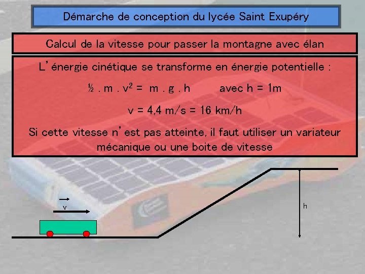 Démarche de conception du lycée Saint Exupéry Calcul de la vitesse pour passer la