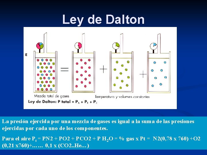 Ley de Dalton La presión ejercida por una mezcla de gases es igual a