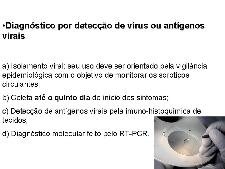 • Diagnóstico por detecção de vírus ou antígenos virais a) Isolamento viral: seu • Diagnóstico por detecção de vírus ou antígenos virais a) Isolamento viral: seu