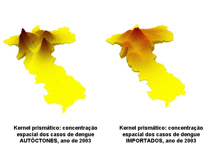 Kernel prismático: concentração espacial dos casos de dengue AUTÓCTONES, ano de 2003 Kernel prismático: Kernel prismático: concentração espacial dos casos de dengue AUTÓCTONES, ano de 2003 Kernel prismático:
