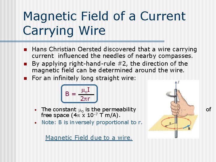 Magnetic Field of a Current Carrying Wire n n n Hans Christian Oersted discovered