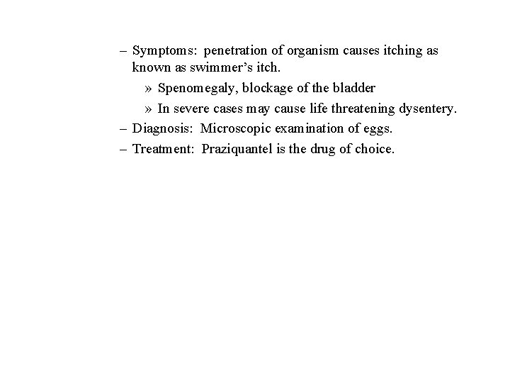 – Symptoms: penetration of organism causes itching as known as swimmer’s itch. » Spenomegaly, – Symptoms: penetration of organism causes itching as known as swimmer’s itch. » Spenomegaly,