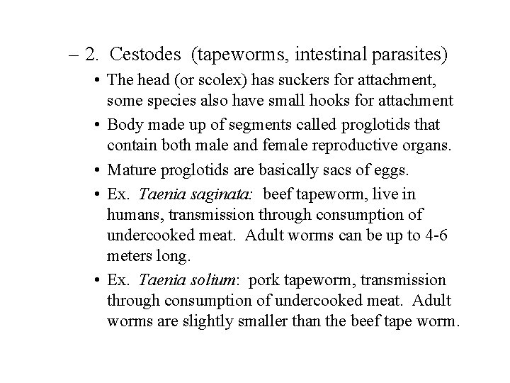 – 2. Cestodes (tapeworms, intestinal parasites) • The head (or scolex) has suckers for – 2. Cestodes (tapeworms, intestinal parasites) • The head (or scolex) has suckers for