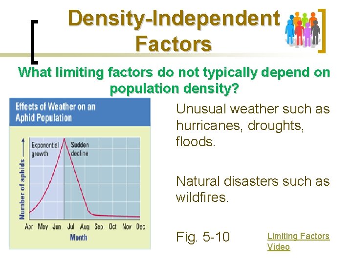 Density-Independent Factors What limiting factors do not typically depend on population density? Unusual weather