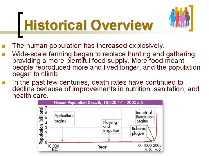 Historical Overview n n n The human population has increased explosively. Wide-scale farming began