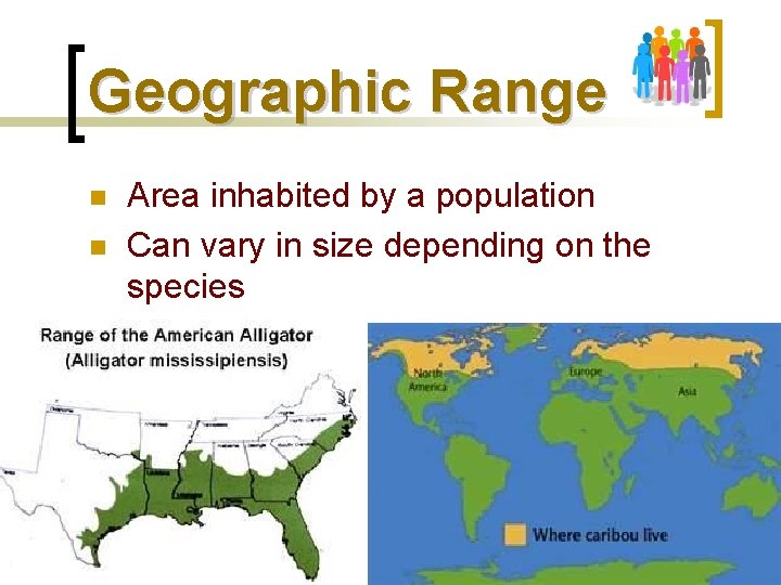 Geographic Range n n Area inhabited by a population Can vary in size depending