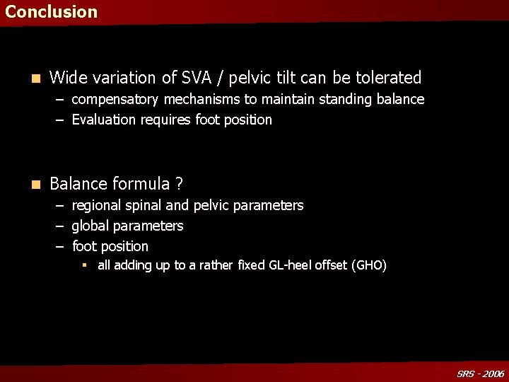 Conclusion n Wide variation of SVA / pelvic tilt can be tolerated – compensatory