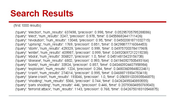 Search Results (first 1000 results) {'query': 'election', 'num_results': 637498, 'precision': 0. 998, 'time': 0.