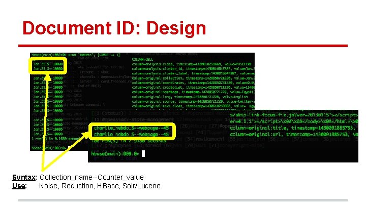 Document ID: Design Syntax: Collection_name--Counter_value Use: Noise, Reduction, HBase, Solr/Lucene 