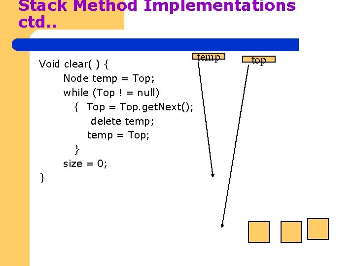 Stack Method Implementations ctd. . Void clear( ) { Node temp = Top; while