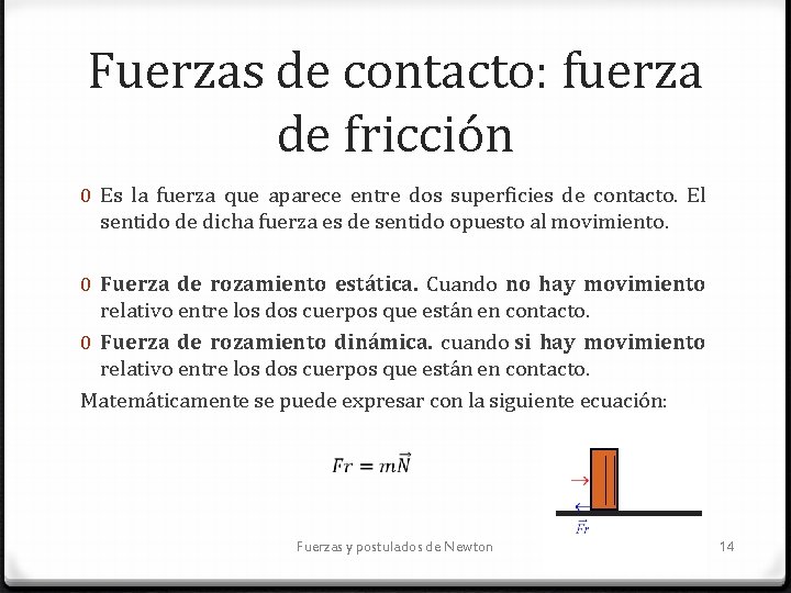 Fuerzas de contacto: fuerza de fricción 0 Es la fuerza que aparece entre dos