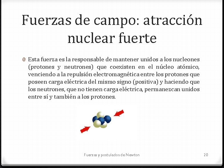 Fuerzas de campo: atracción nuclear fuerte 0 Esta fuerza es la responsable de mantener