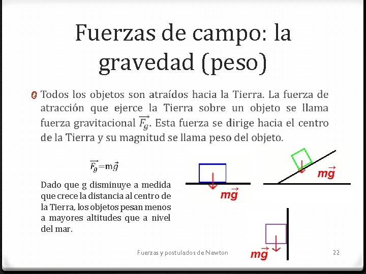Fuerzas de campo: la gravedad (peso) 0 Dado que g disminuye a medida que
