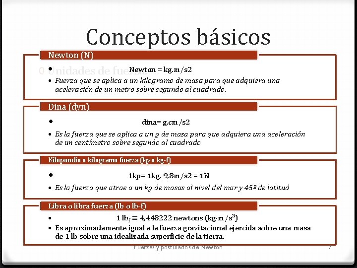 Conceptos básicos Newton (N) • Newton = kg. m/s 2 0 Unidades de fuerza: