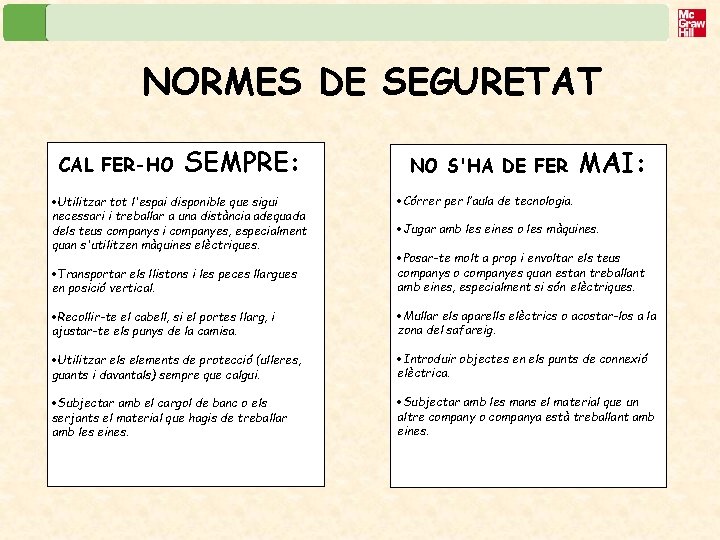 NORMES DE SEGURETAT CAL FER-HO SEMPRE: ·Utilitzar tot l'espai disponible que sigui necessari i