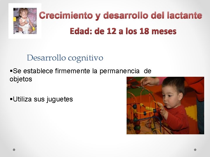 Crecimiento y desarrollo del lactante Edad: de 12 a los 18 meses Desarrollo cognitivo